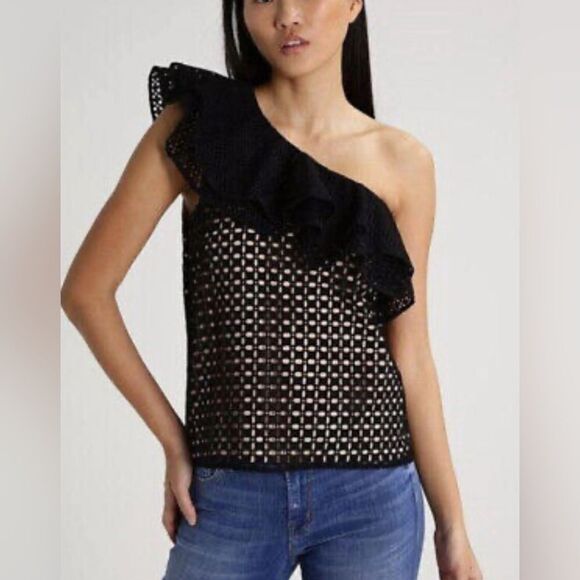 J. Crew NWT One Shoulder Black Eyelet Nude Lined Blouse Size 6 Cotton - Picture 10 of 10